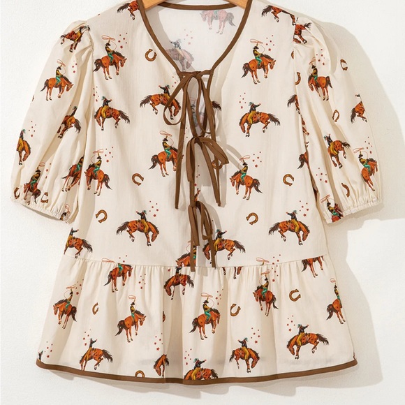 The Unbranded Brand Tops - Cowboy Print tie front Blouse